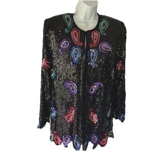 Sequin Beaded Jacket Large Vintage Scala Silk Blazer Black Paisley Formal Party